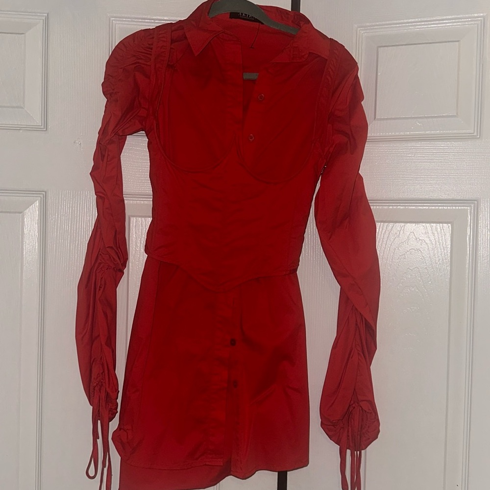 Red button down dress with corset dress AKIRA